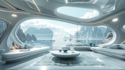 Futuristic interior with large windows, view of beautiful scene in the distance, futuristic lounge area with couches and coffee table, blue green grey color scheme. Generative AI.