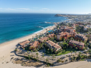 Aerial view of tropical beach with resorts in Cabo San Jose, Baja California Sur, Mexico