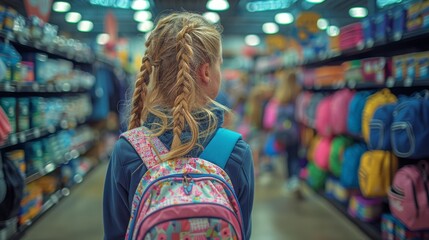 Fototapeta premium Little Girl With Backpack in Store Aisle