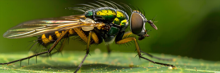 Detailed Close-up: An Intricate Examination of a Striped Tsetse Fly on a Leaf in its Natural Habitat