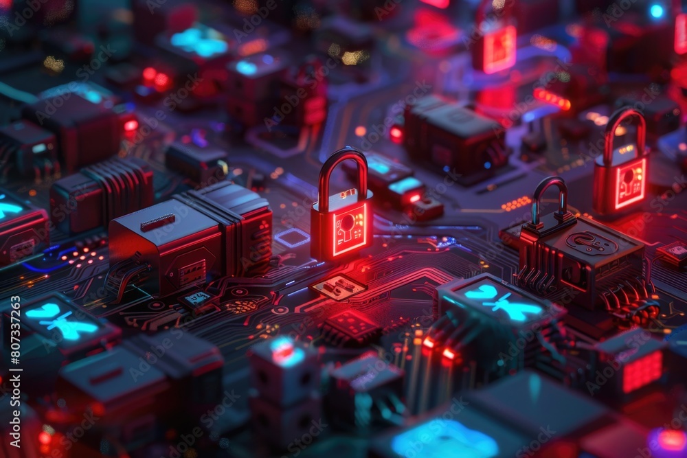 Poster close up of a circuit board with a lock. perfect for tech security concepts