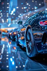 New cars display in luxury showroom with light bokeh in motor show event.