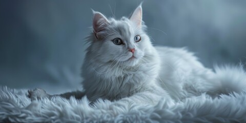 A white cat laying on a fluffy white blanket. Perfect for cozy home decor