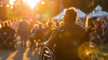 A man in a wheelchair is positioned in front of a large crowd of people, engaged in an event or demonstration.