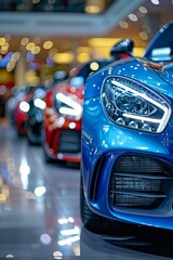 New cars display in luxury showroom with light bokeh in motor show event.