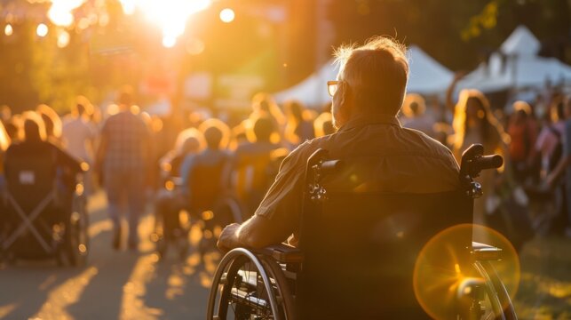 A man in a wheelchair is positioned in front of a large crowd of people, engaged in an event or demonstration.