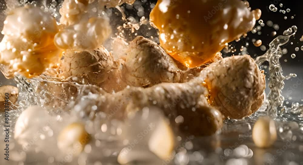 Poster fresh ginger root creating a splash intricate bubbles following its shape