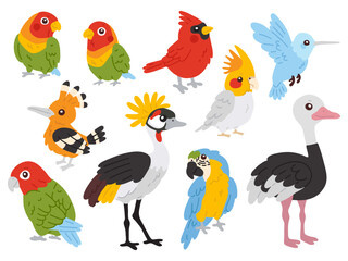 Naklejka premium Vector illustration set of cute tropical birds for digital stamp,greeting card,sticker,icon,design