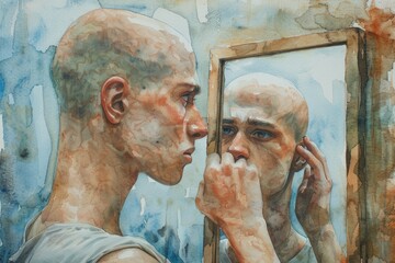 A man staring at his reflection, suitable for self-reflection concept