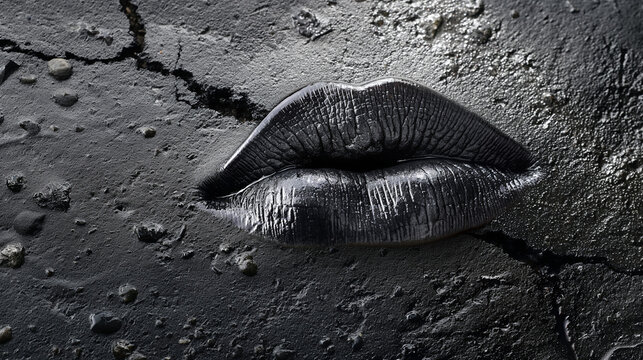 Welttag des Kusses Menschen küssen sich, Männer Frauen, Internationaler Tag am 06. Juli Lippenabdruck Kussmund auf rissigem Asphalt spröde Lippen Lippenpflege Marketing Generative AI