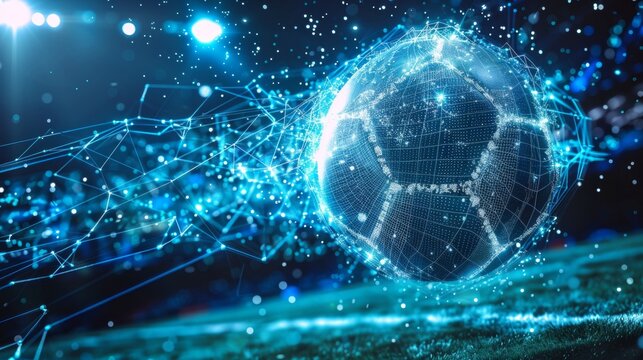 Aipowered digital soccer ball with futuristic technology theme on a virtual field