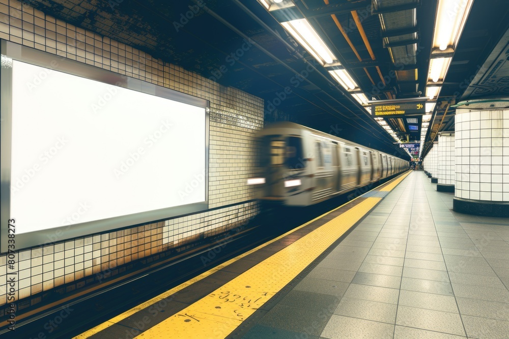 Poster a busy subway station with a train passing by. great for transportation concepts