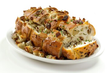Freshly sliced bread on a white plate, perfect for food-related projects