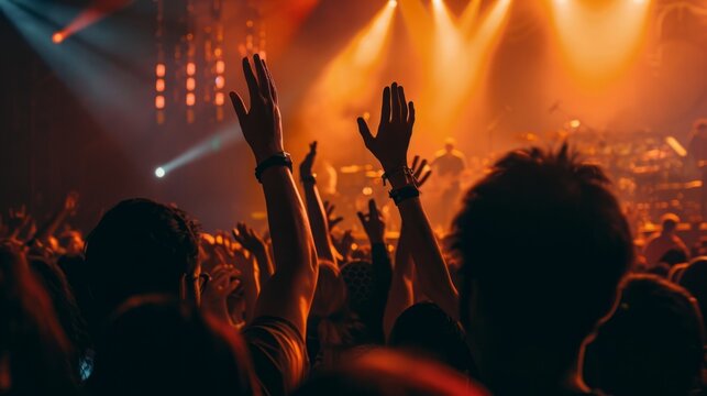 A large crowd of people at a concert, raising their hands in the air in excitement.