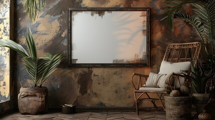 a mockup frame within an interior background adorned with rustic decor, inviting you to showcase...