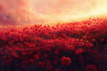 A vibrant painting of a field filled with red flowers. Suitable for various decorative purposes