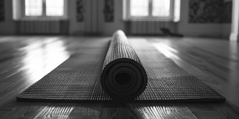 A minimalist black and white photo of a yoga mat. Ideal for fitness and wellness concepts