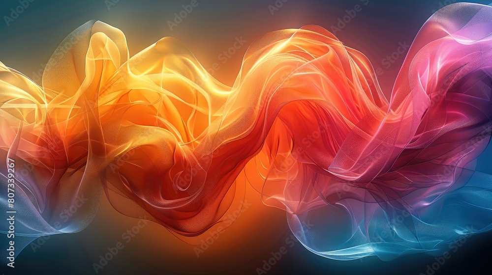 Poster A 2d vector abstract artistic design formed of flowing curving twisting ribbons of ethereal glowing neon iridescent colors. Generative AI.