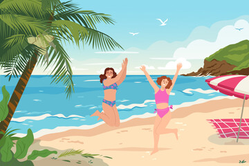 Tropical beach panoramic view with palm trees and rocks on the seashore. Happy girls jumping up on seaside. Cheerfull women in swimwear, excited about summer vacation. Flat vector