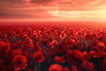 Beautiful field of red poppies with a stunning sunset in the background. Perfect for nature and landscape designs