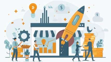 Flat design infographic depicting business growth with rocket and financial elements