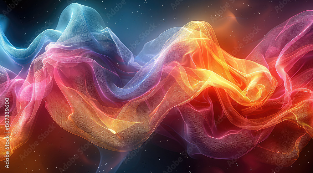 Poster A 2d vector abstract artistic design formed of flowing curving twisting ribbons of ethereal glowing neon iridescent colors. Generative AI.