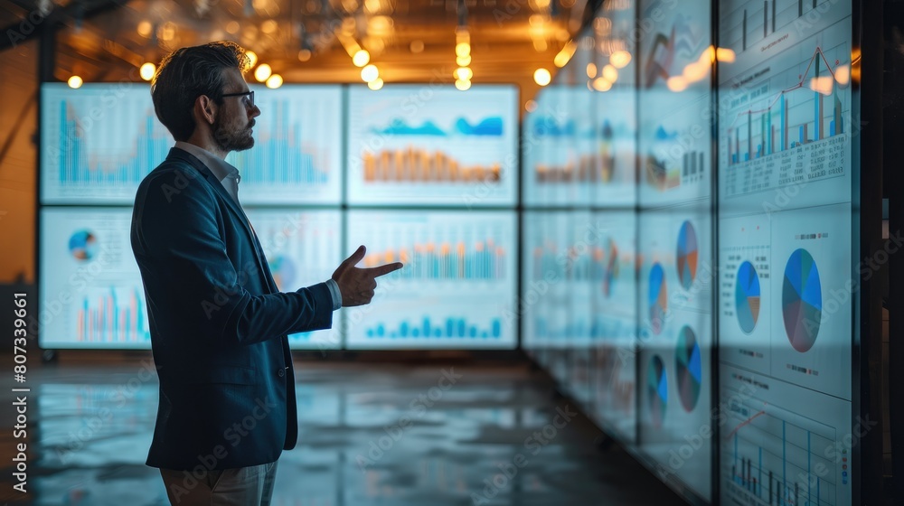 Fototapete A businessman standing in front of a large presentation screen, analyzing sales data and discussing strategies for optimizing performance and driving revenue growth. Generative AI.