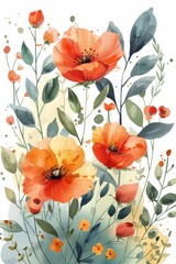 Watercolor Painting of Red and Orange Flowers