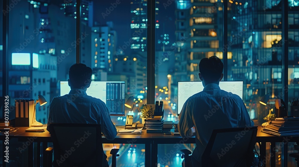 Poster at night in a modern office has two asian males with their backs to the camera as they go about thei