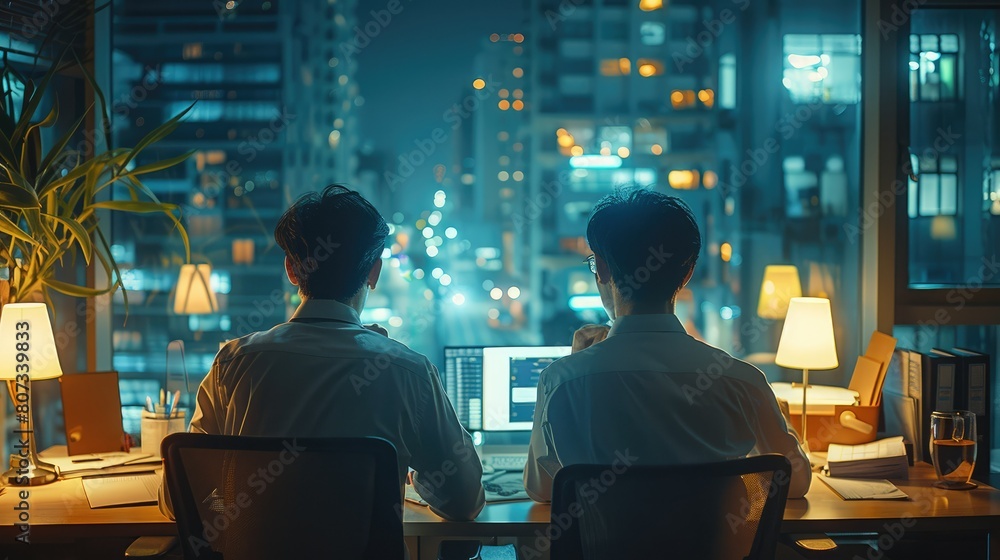 Poster at night in a modern office has two asian males with their backs to the camera as they go about thei