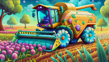 oil painting style cartoon illustration Firefly combine harvester working on a field