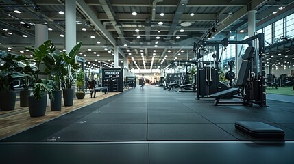 A fitness and wellness zone situated in a vast, modern exhibition centre, black gym flooring,...