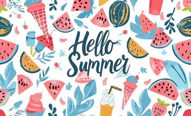 "Hello Summer" - tropical summer wallpaper pattern. Abstract seasonal design in cartoon style with fruit. White background.