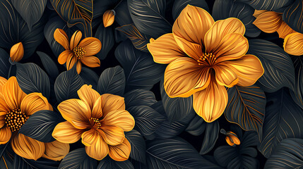 The illustration features vibrant golden flowers juxtaposed against dark leaves, creating a captivating contrast