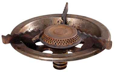Old gas burner mounted directly on the gas cylinder. Isolated background.