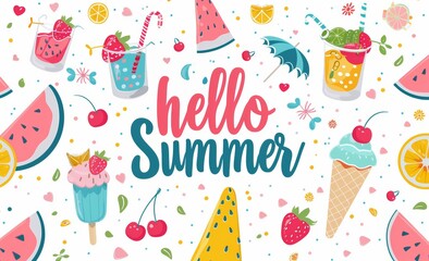 "Hello Summer" - tropical summer wallpaper pattern. Abstract seasonal design in cartoon style with fruit. White background.