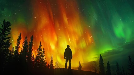 Obraz premium Cosmic Connection: A Giant Silhouette Amidst Vibrant Auroras
