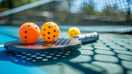 Pickleball equipment on the court, featuring paddles and balls, ready for a lively game up close