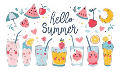 Colorful summer wallpaper pattern in cartoon style and text "Hello Summer". Seasonal decorative design with fruit and drinks on white background.