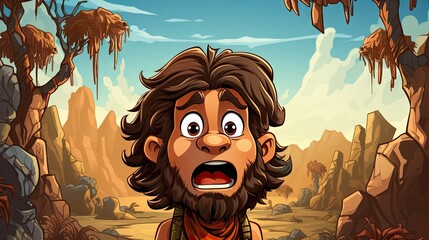 Confused Cartoon Caveman in a Desert Landscape, Surprise and Adventure