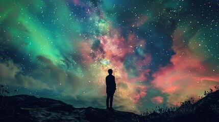 Fototapeta premium Cosmic Connection: Mesmerizing Giant-Sized Silhouette Amidst Vibrant Auroras