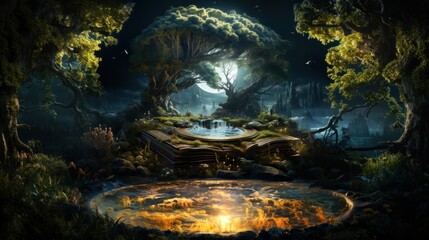 Magical Fantasy Landscape with an Opened Enchanted Book and Mystic Waterfall - obrazy, fototapety, plakaty