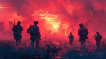 Sunset Silhouettes of Soldiers on Battlefield in a Ruined Cityscape