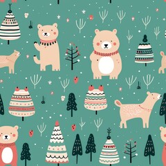Cartoon Bears and Reindeers Christmas Pattern