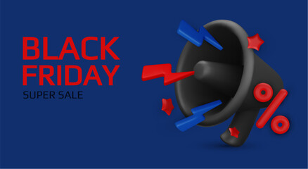 Black Friday super sale. Promo background with realistic 3d cartoon style elements, black gift, percent symbols, stars, percent symbols. Promotion banner, web poster. vector illustration