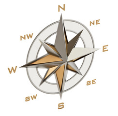 Vintage compass symbol showing the directions. Transparent background. 3D illustration