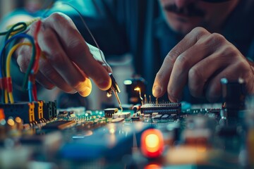 Closeup of a mans hands soldering components on a circuit board, with a soft-focus background showing other electronic parts