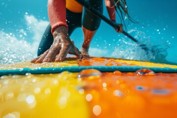 A closeup of a person securing ankle leash on a surfboard before heading out to sea