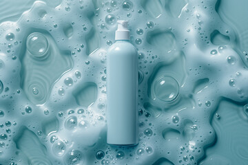 Light blue mock up lotion bottle on clean foamy fresh background. Space for text
