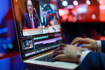 Close-up of a persons hands typing on a laptop keyboard, screen displaying a live news broadcast